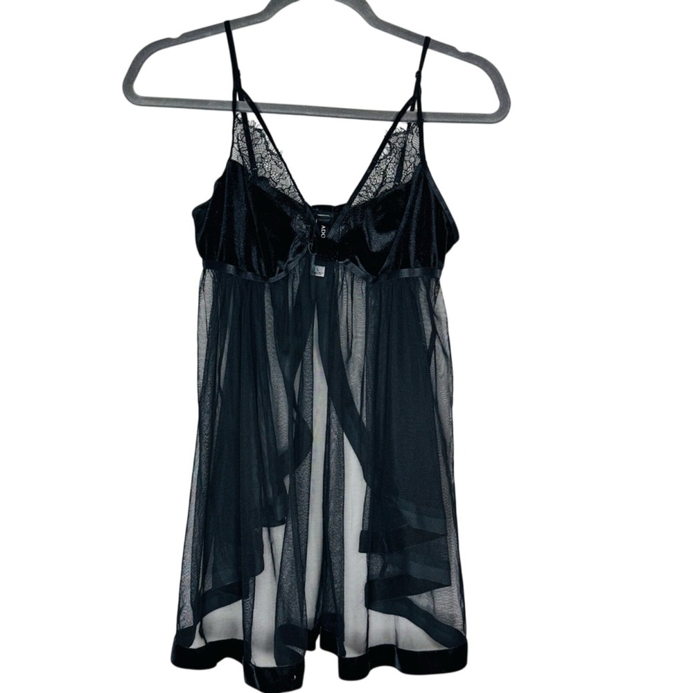Adore‎ Me Womens Babydoll Sheer Lace Velvet Top Sz L Mesh Bow Black Whimsigoth